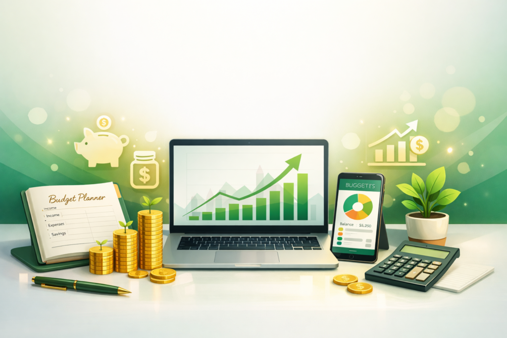 Modern fintech illustration showing a laptop with financial growth charts, budget planner, stacked coins, calculator, and smartphone budgeting app representing personal finance, saving, and investing.