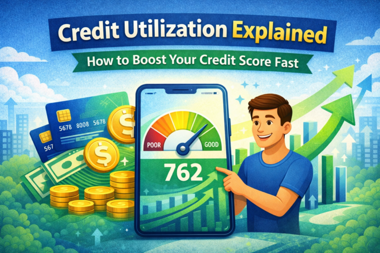Illustration of credit utilization concept with rising credit score meter, credit cards, and financial icons