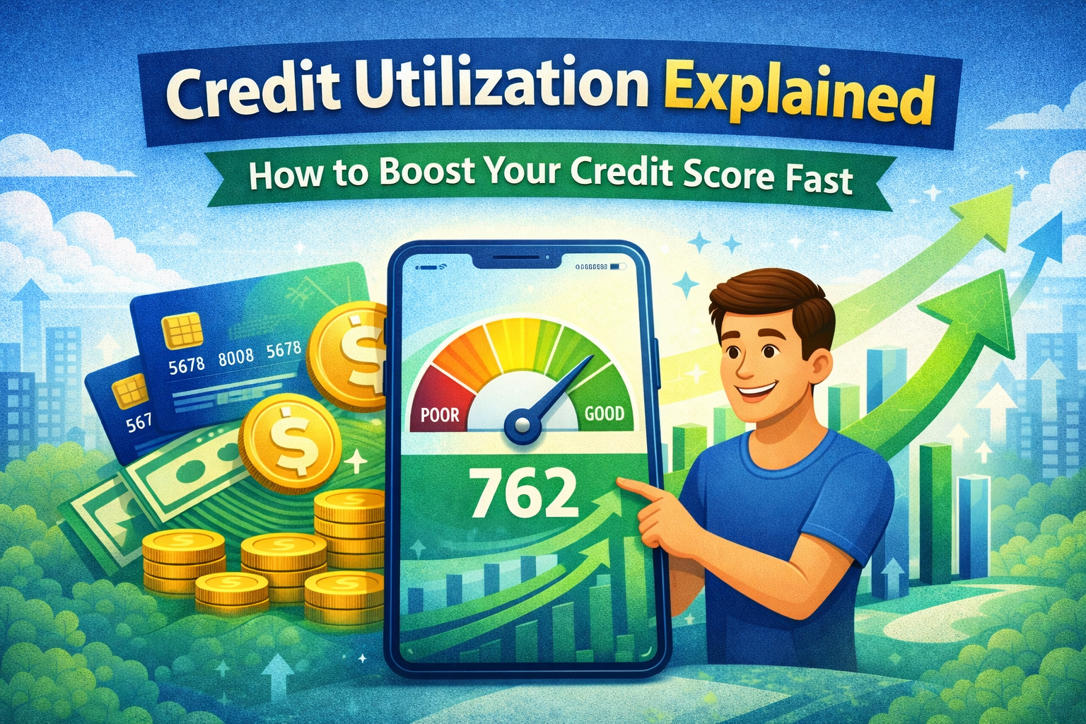 Illustration of credit utilization concept with rising credit score meter, credit cards, and financial icons