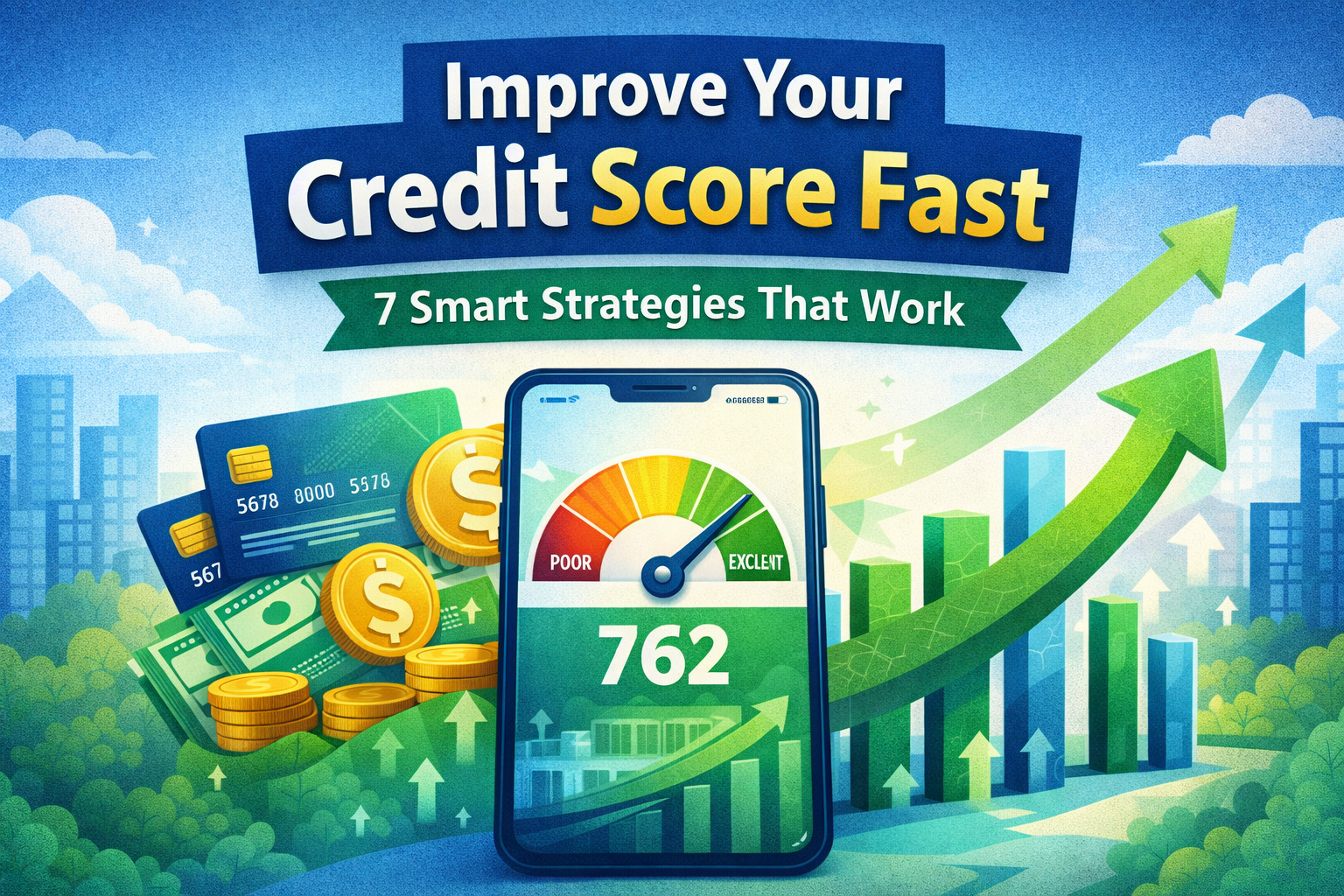 Improve credit score fast illustration with rising credit score chart and financial icons
